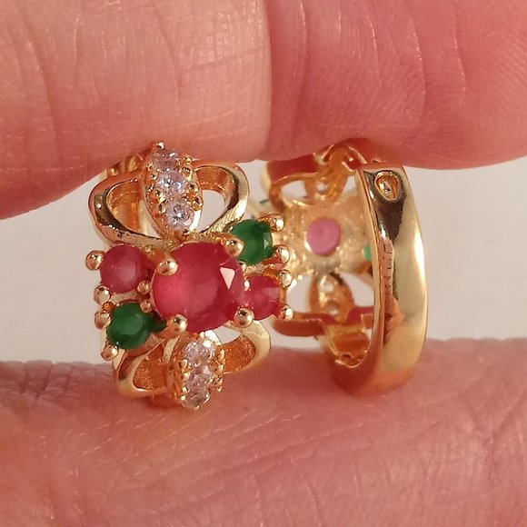 18K Yellow Gold Filled Ruby Jade Diamond Zircon Flower Hoop Earrings Party Gift - Picture 4 of 4